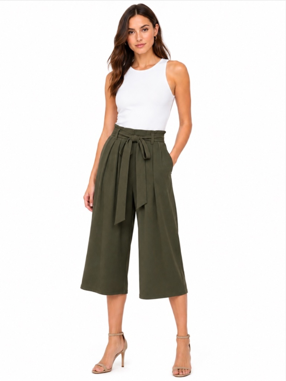 Express Mid-Rise Cropped Wide Leg Culotte Pants Olive Green Size Small NWT